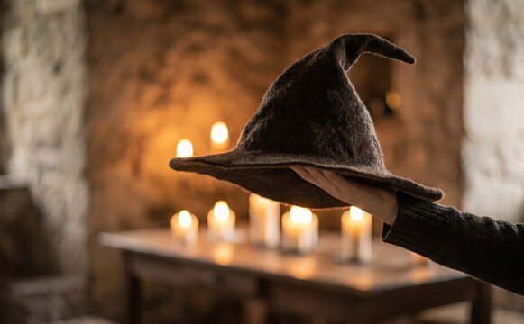 Wizard sorting hat held in hand with glowing candles in a medieval castle hall setting for fantasy theme