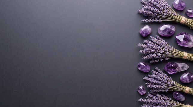 Dry lavender twigs and amethyst crystals cenital flat lay