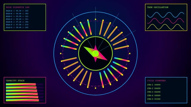 Swarm coordination displays rotate across three digital interface screens featuring glowing neon data lines charts colorful oscillating wave patterns and cycle counter metrics on dark backdrop