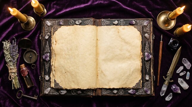 Open ancient grimoire with blank pages and quartz crystals flat lay