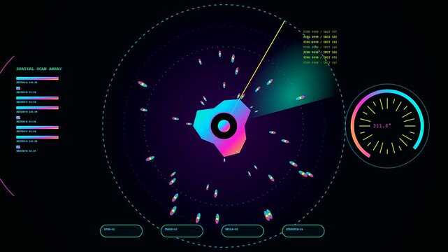 Swarm coordination displays digital data mapping within a circular interface tracking luminous particles while scanning across the screen for tactical observation in a modern environment