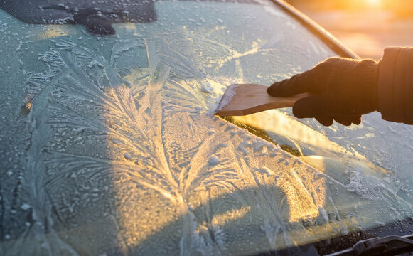 Person scraping frost from a car windshield on a cold winter morning to clear ice and snow for safe driving