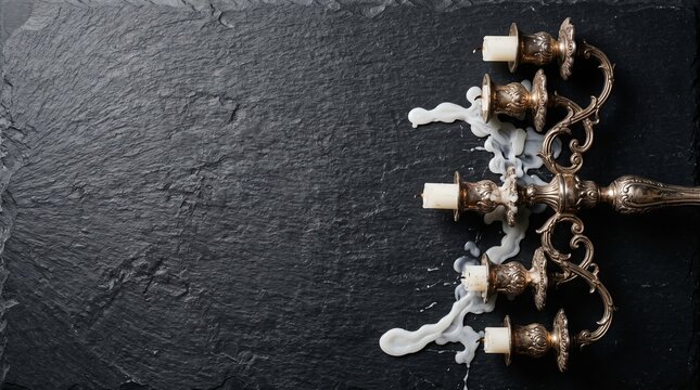 Silver baroque candelabra with melted wax cenital flat lay