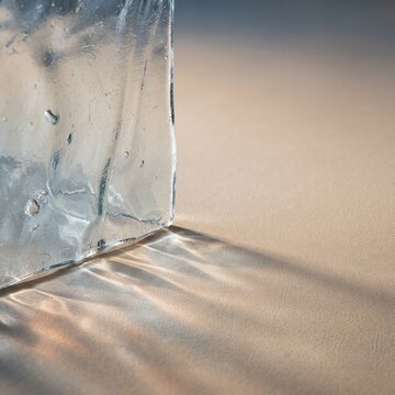 A translucent ice cube casts an intricate pattern of light and shadow on a neutral surface, highlighting its crystal-clear texture and sharp edges.