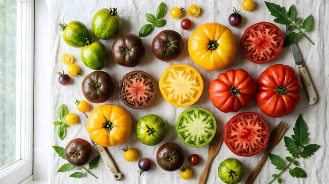Assorted Rare Heirloom Tomatoes in Diverse Colors on Table
