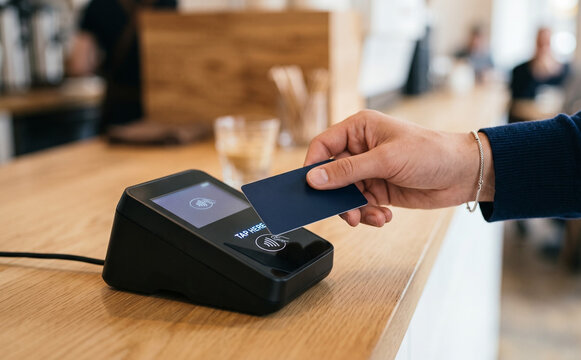 Customer making a contactless payment with a credit card at a modern cafe checkout counter