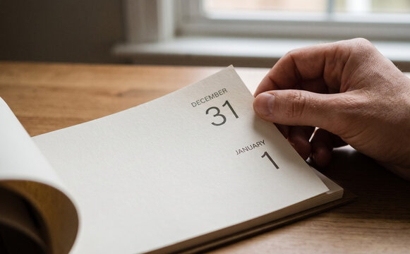Turning the final page from December 31 to January 1 on a daily calendar representing new year eve and new beginning