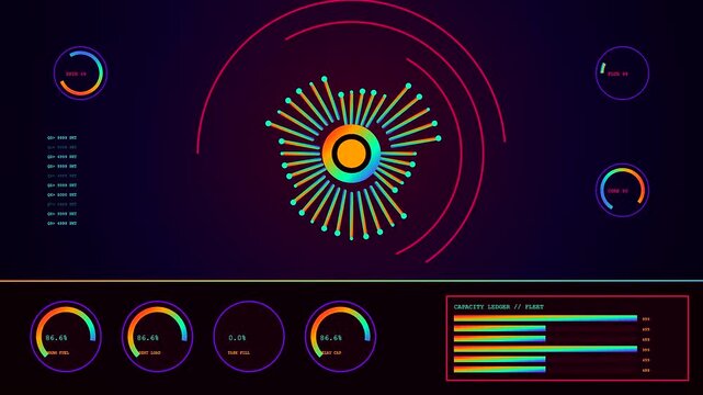 Swarm coordination displays shift across three digital panels with rotating colorful light indicators and glowing radial charts shown in a dark computer interface data visualization window