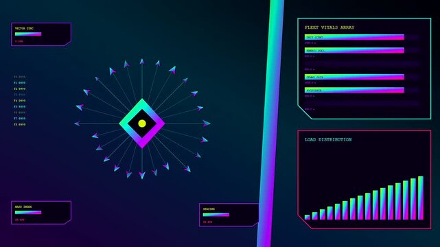 Swarm coordination displays pulsing arrows expanding from central luminous diamond geometric shapes while data bars shift rapidly during this motion sequence of abstract digital energy cycles