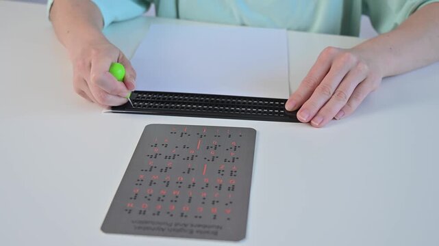 A blind woman writes in Braille using a stencil on a piece of paper. 