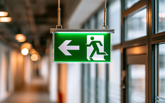 Emergency exit sign with arrow pointing left in blurred office corridor