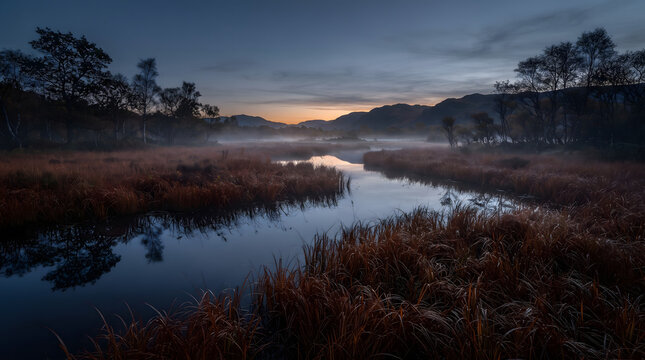 Autumn marsh with reflective water winding through golden grass and misty hills at dawn