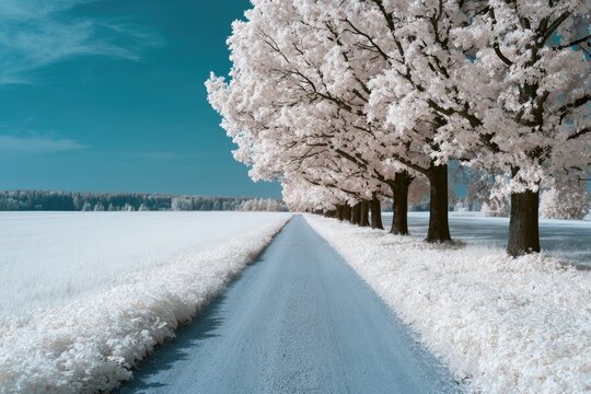 Infrared road lined with white trees under a vivid blue sky