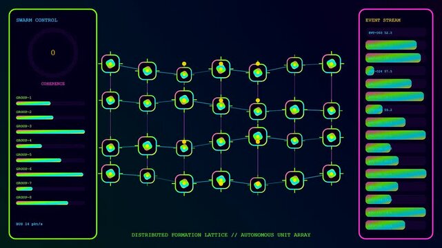 Swarm coordination displays showing circular charts and node networks changing colors on digital screen interfaces for complex system monitoring and analytical research in dark virtual environments