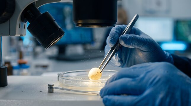 Lab technician holding delicate specimen with tweezers under microscope. Research scientist analyzing clinical culture sample, for medical biotechnology testing.