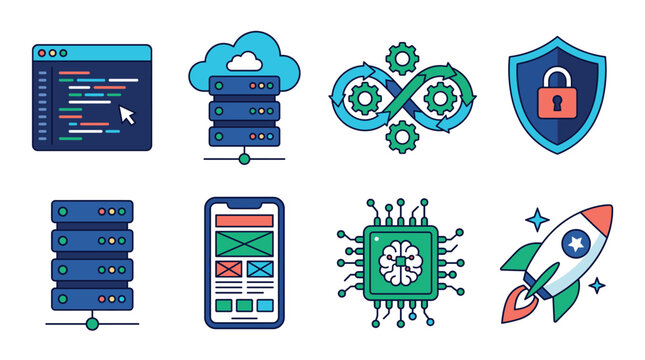 Set of flat representing web development, cloud servers, dev ops, cybersecurity, database, mobile ui, ai, and growth