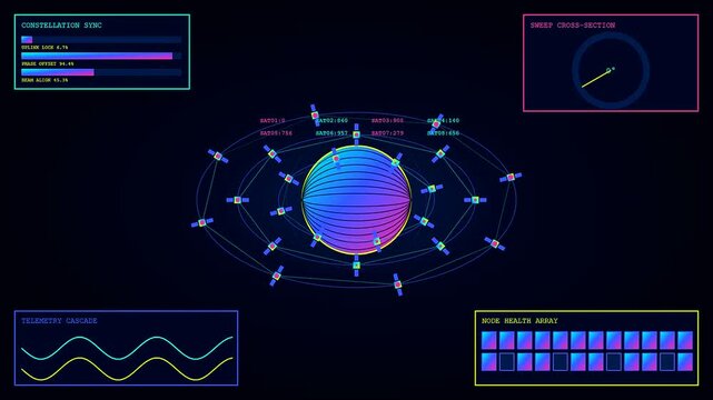 A swarm coordination graphic interface displays orbital satellite paths around a glowing sphere with multiple data windows showing telemetry readouts and circular sweep charts for monitoring