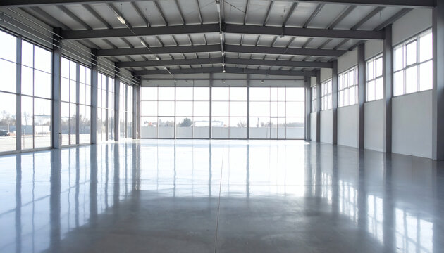 Empty industrial warehouse interior with large glass windows polished concrete floor steel beams and bright natural daylight for commercial use