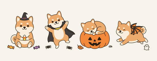 Fototapeta premium Cute Halloween Shiba Inu Dog Collection in Costumes and Pumpkin