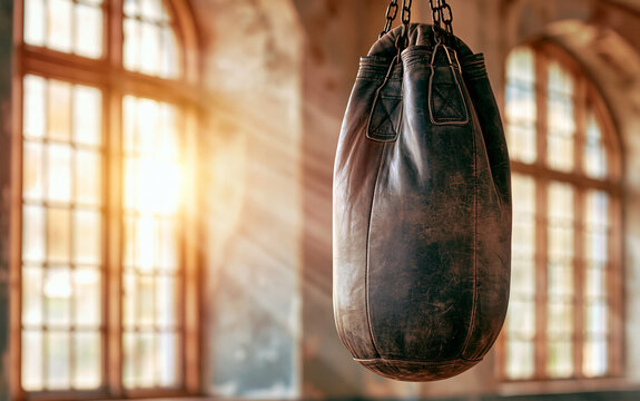 Heavy black boxing bag hanging in training hall with sunlight rays