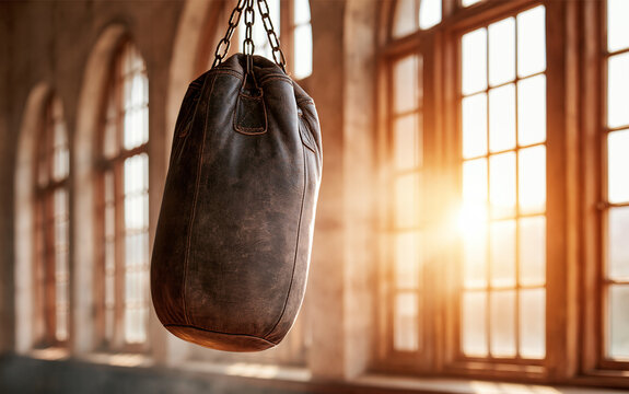 Heavy black boxing bag hanging in training hall with sunlight rays