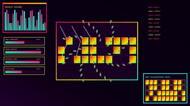 Digital displays showing swarm coordination of robotic entities moving between glowing golden square modules within a dark purple interface environment during an active diagnostic processing cycle