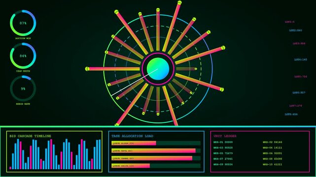 Swarm coordination displays rotate on glowing digital screens within a futuristic data center showing complex graphs circular progress bars and rows of glowing linear metrics