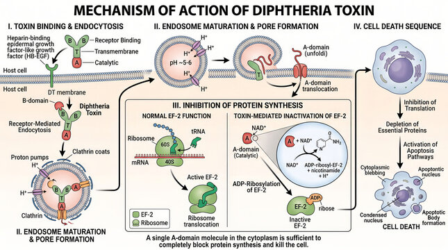 Diphtheria toxin mechanism of action in host cells and cell death sequence