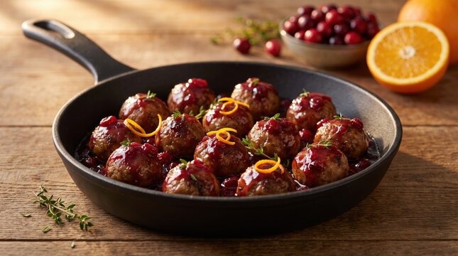 Appetizing meatballs simmer in a rich cranberry sauce, adorned with fresh orange zest and thyme. This gourmet dish evokes warmth and festive culinary experiences.