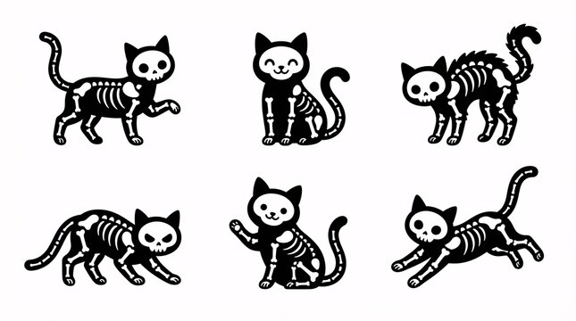 A set of six unique black cat skeleton illustrations featuring diverse poses against a clean white