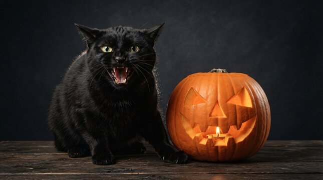 A fierce black cat with glowing eyes sits next to an illuminated carved jack-o-lantern