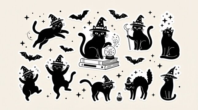 A collection of cute black witch cat illustrations featuring magical hats and bats in a sticker set