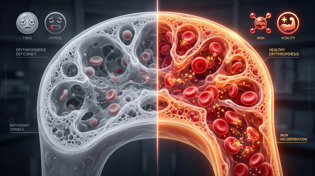 Bone marrow comparison showing healthy red blood cell production versus deficiency