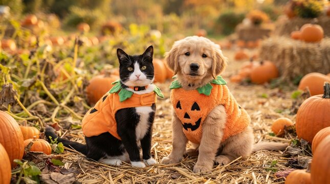 A cute tuxedo cat and golden retriever puppy wearing pumpkin costumes in a sunny autumn pumpkin patch