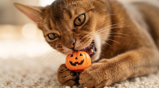 An adorable Abyssinian cat playfully bites a small plastic orange pumpkin toy on a plush carpet