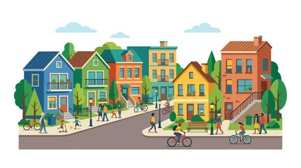 Fototapeta premium Colorful Neighborhood Flat Vector Illustration with People Walking and Cycling