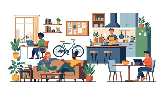 Diverse people sharing a modern multifunctional living and working space illustration