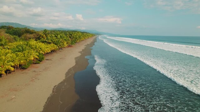 Aerial view of long tropical beach with palm trees and ocean in Costa Rica