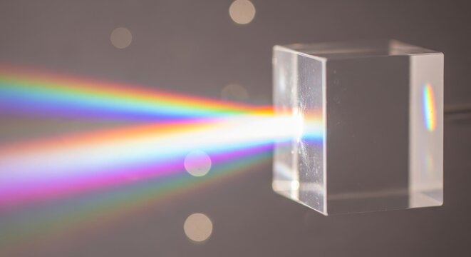A gentle beam of light passes through a prism, creating a soft spectral diffraction with delicate pastel rainbow hues and ethereal bokeh, visual, beam, soft