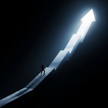 A dark shape moves along a giant rising arrow, transitioning from deep shadows into a brilliant white light representing future success, leadership, ambition, movement