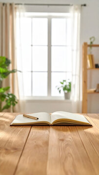 Open book on wooden table beside bright window with houseplant and bookshelf, creating calm reading space with warm natural light and inviting study atmosphere