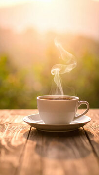 Steaming coffee cup on wooden table in warm morning light