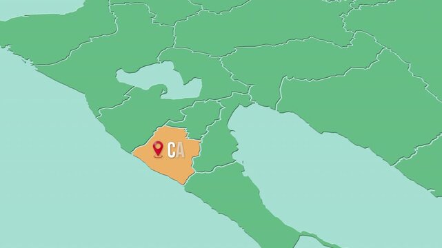 Mapa de Nicaragua con divisi&oacute;n pol&iacute;tica resaltando el departamento de Carazo