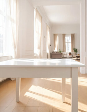 White dining table in bright modern living room with sunlight, tall windows, curtains, and houseplant creating peaceful interior scene