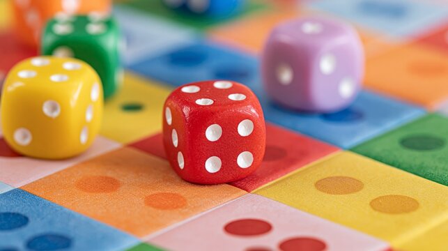 Colorful dice on a bright board game in close-up, representing family entertainment, play, luck and strategy