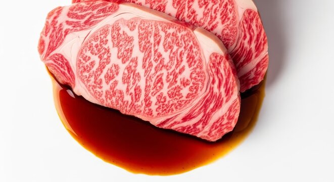 Sliced wagyu beef steak displays a luminous hot pink marbled core while savory dark jus flows around the meat on a clean white background, dark, gourmet, clean