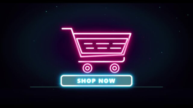 Glowing pink neon shopping cart icon with blue shop now button