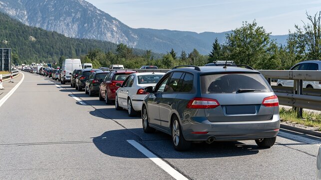 A long line of cars stuck in heavy traffic on a highway during a summer day. Ideal for urban commuting, traffic jam, and transportation delay concepts.