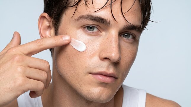 A young man applies moisturizing face cream to his cheek, emphasizing daily skincare and male grooming. This promotes healthy, hydrated skin and overall personal wellness.