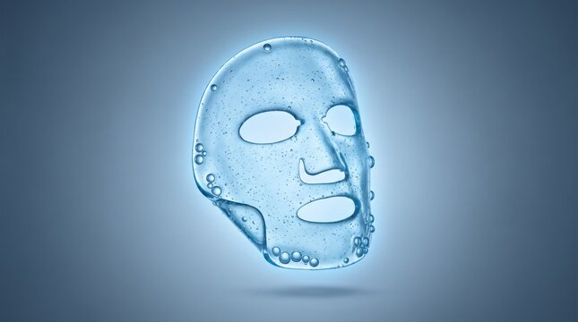 A transparent hydrogel face mask with water bubbles floats against a soft blue background. This innovative skincare technology provides deep hydration for beauty and wellness.